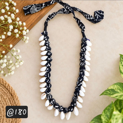 Handmade Black & White Fabric Bead Shell Necklace | Boho Jewellery