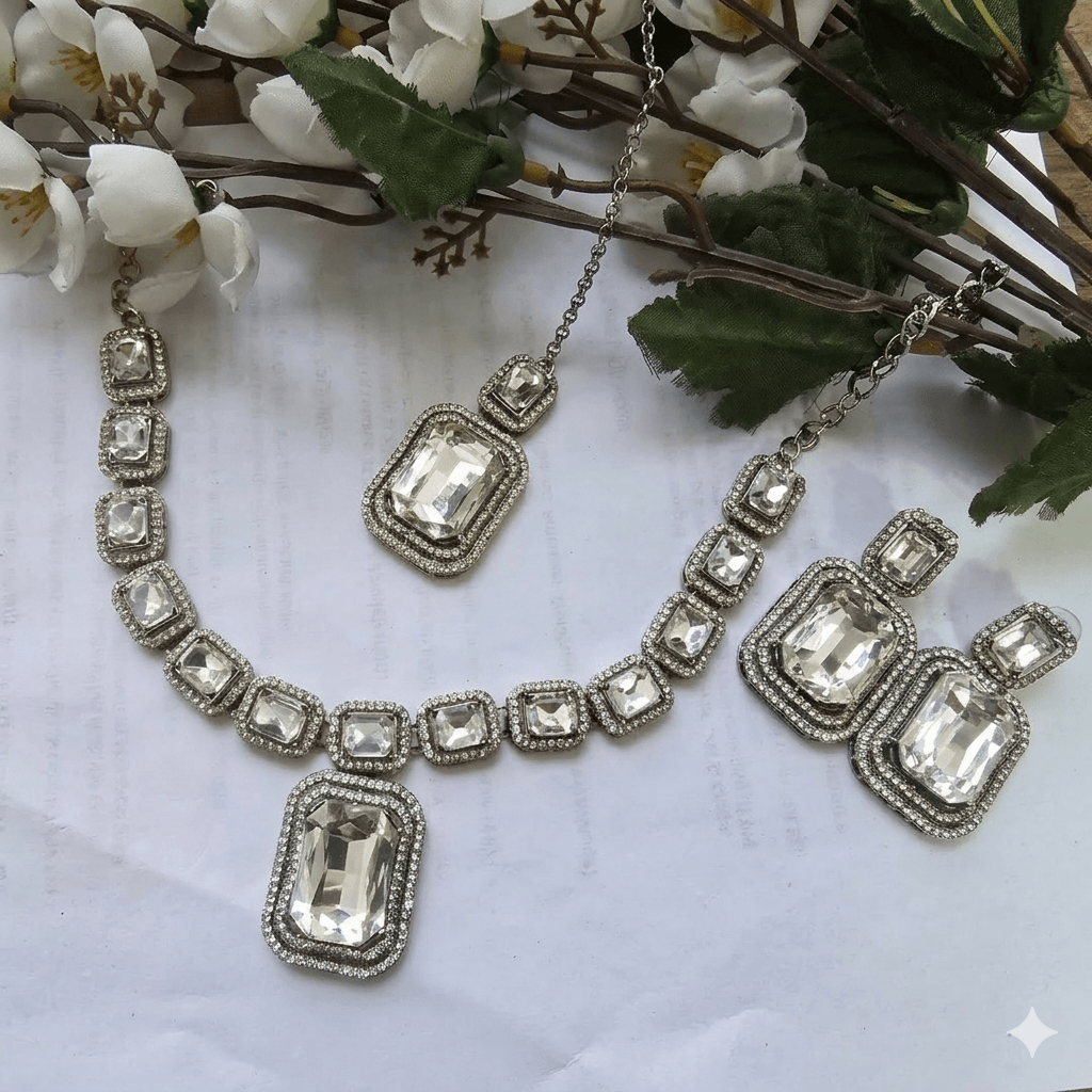 Vintage Silver Crystal Statement Necklace Set for Women | Party & Wedding Jewelry | Sparkle Style