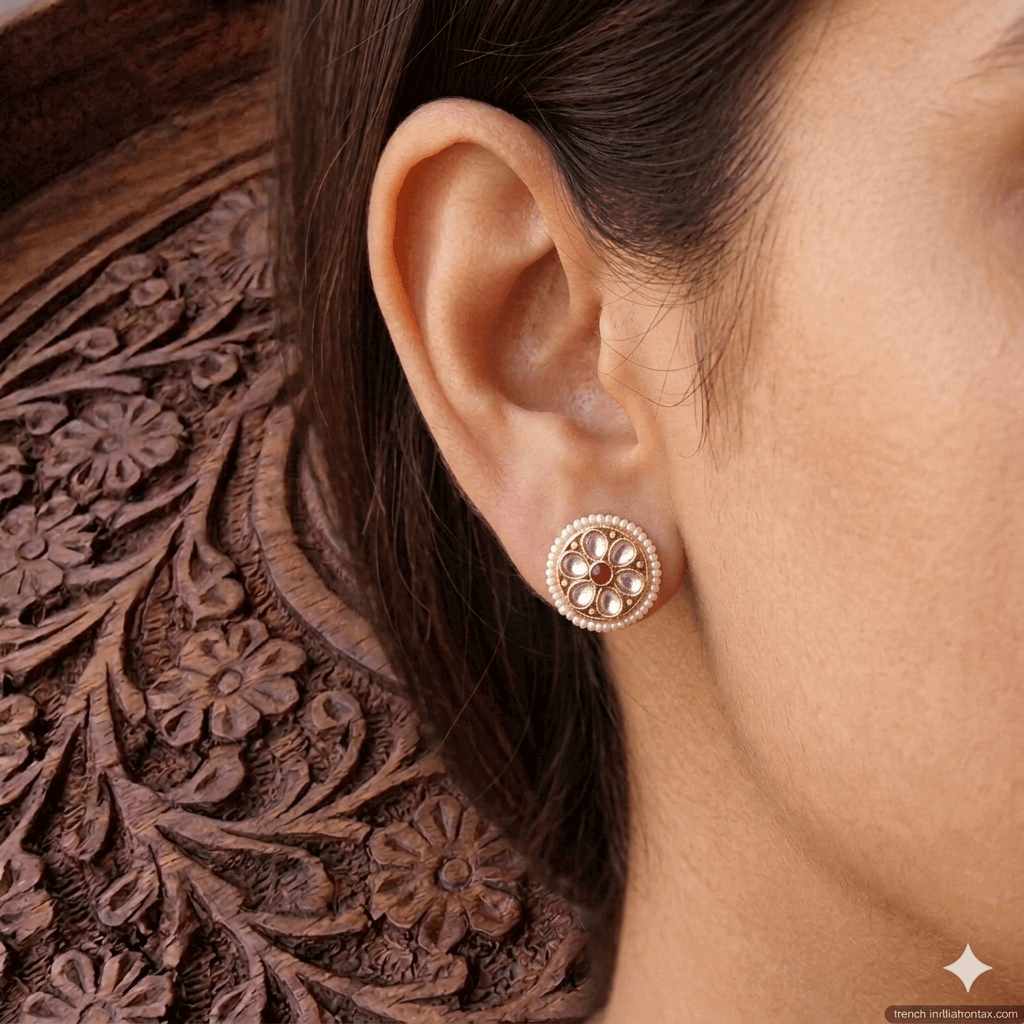 Gold-plated Kundan and Pearl Stud Earrings.