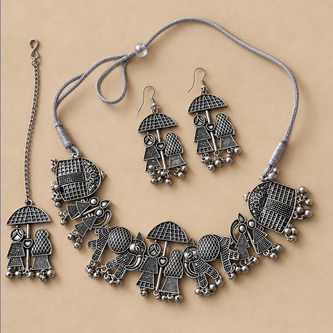 Oxidised Silver Tribal Necklace Set with Matching Earrings and Maang Tikka