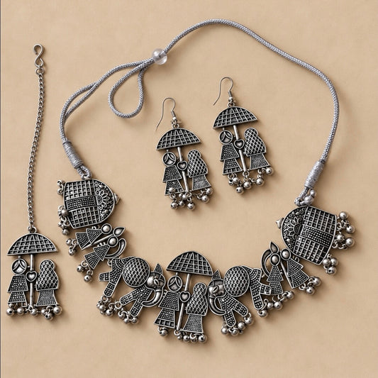 Oxidised Silver Tribal Necklace Set with Matching Earrings and Maang Tikka