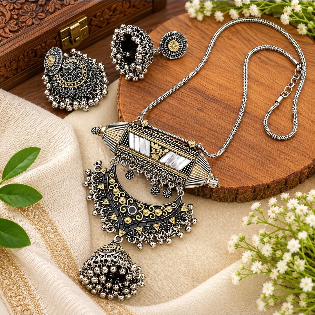 Dual Tone Lightweight Brass Necklace Set with Earrings | Tribal Jewellery