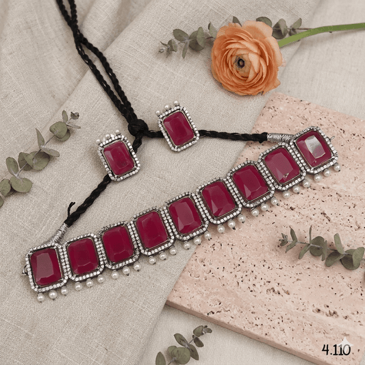 Black Polish Ruby Red Stone Choker Necklace Set with AD Stone Detailing & Baby Pearl Drops