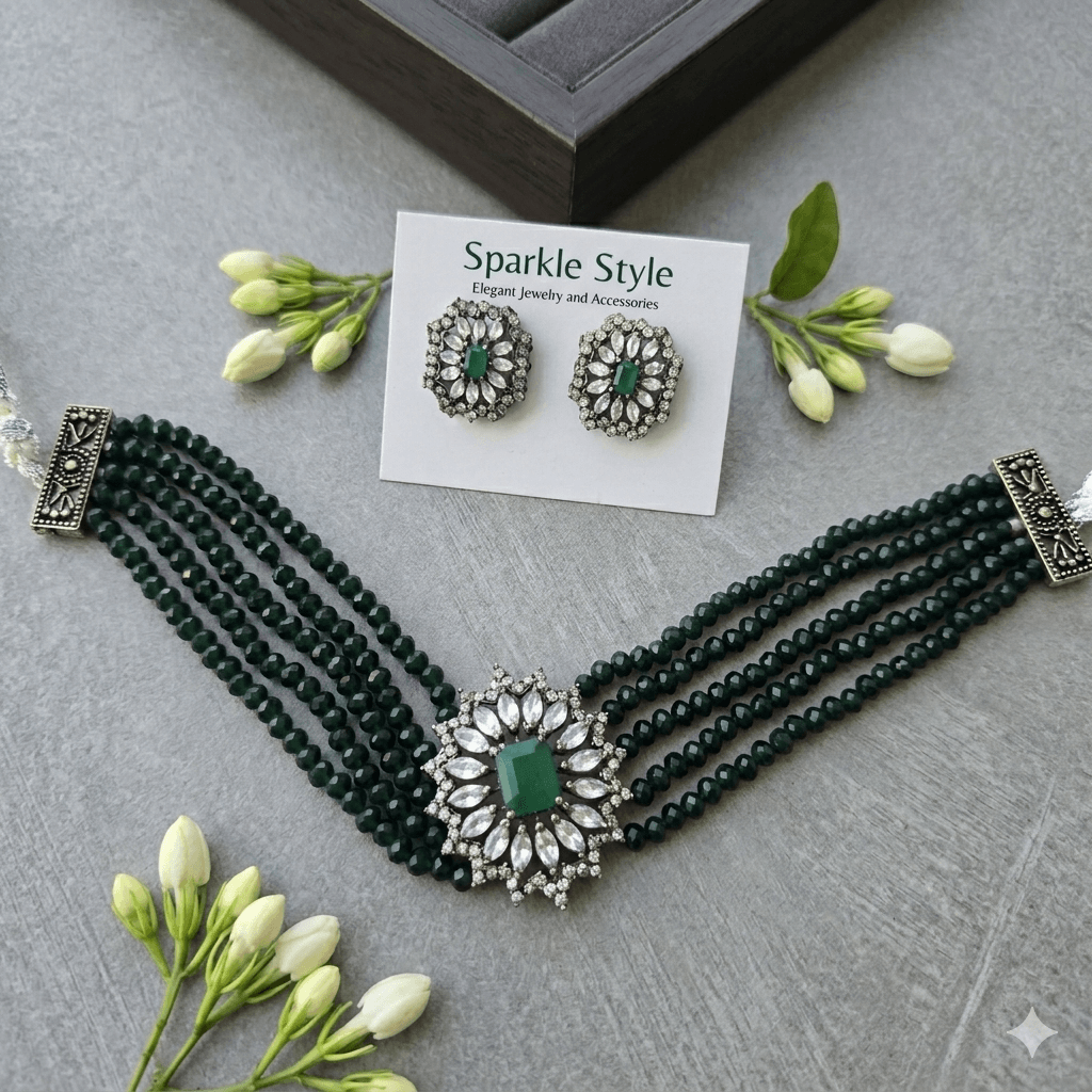 Emerald Green Onyx Beaded Multi-Layer Choker Set with Black Polish AD Stone Pendant & Stud Earrings