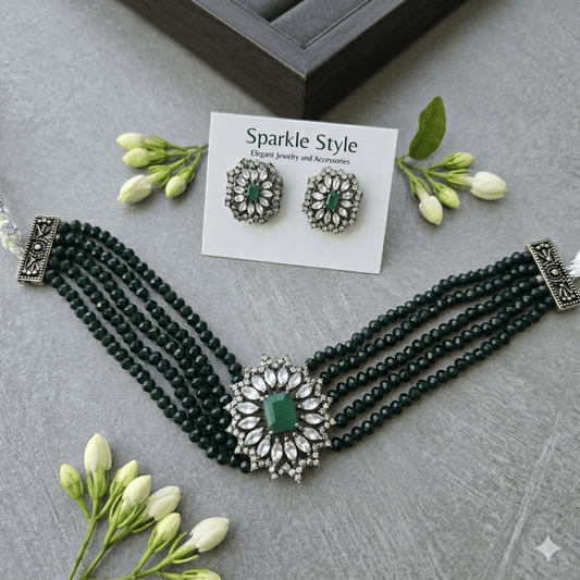 Emerald Green Onyx Beaded Multi-Layer Choker Set with Black Polish AD Stone Pendant & Stud Earrings