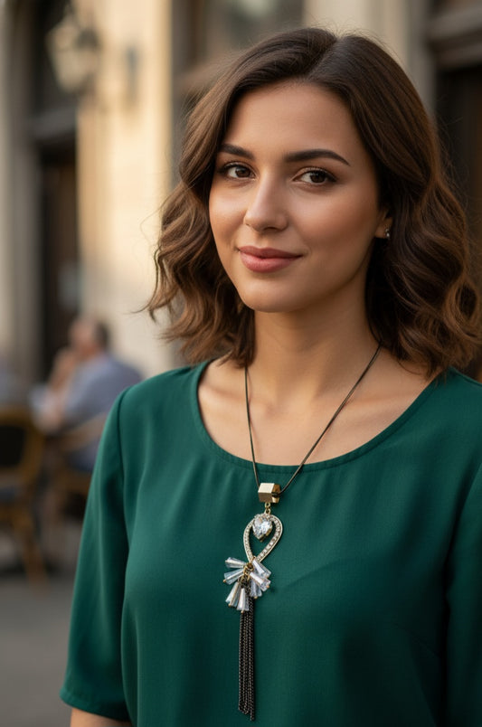 Long necklace with stones and chain tassels