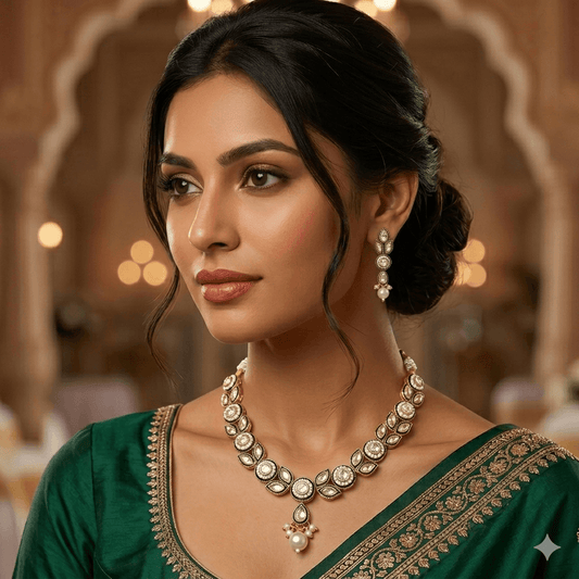 Premium Moissanite Kundan Necklace Set with Pearl Drops & Matching Earrings | Wedding Jewelry for Women