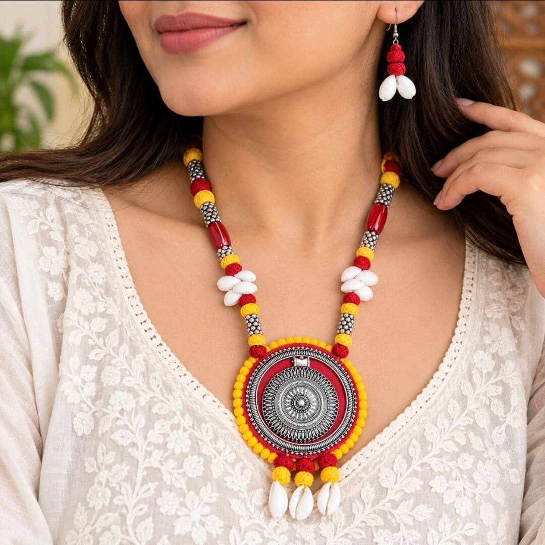 Handmade Tribal Oxidised Silver Necklace Set with Earrings