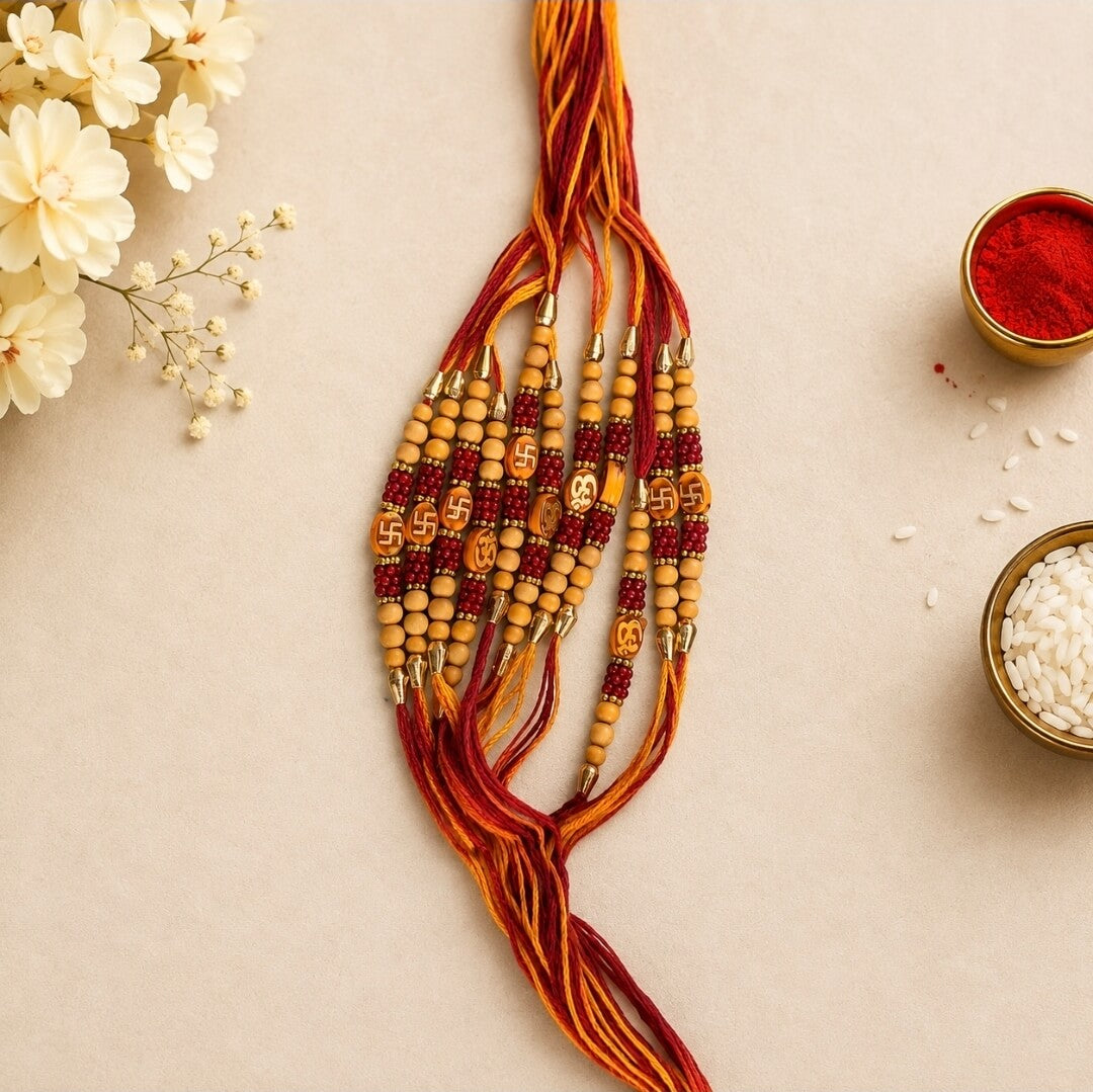 Traditional Om & Swastik Rakhi for Brother with Wooden Beads | Spiritual Raksha Bandhan Rakhi