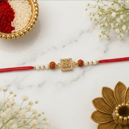 Om AD Designer Rakhi for Brother | Rudraksha & Pearl Beaded Rakhi | Premium Raksha Bandhan Rakhi with Roli Chawal