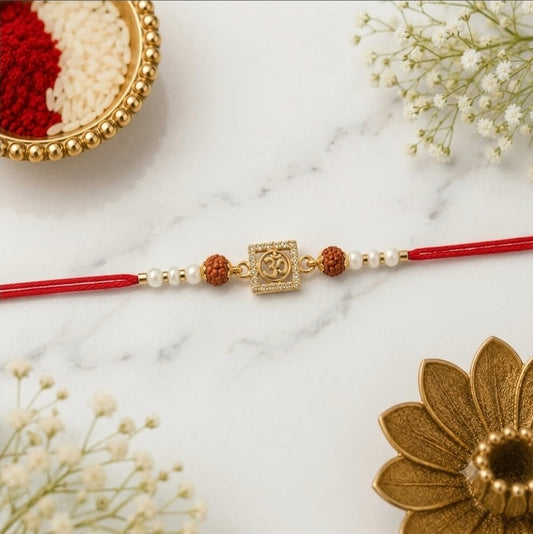 Om AD Designer Rakhi for Brother | Rudraksha & Pearl Beaded Rakhi | Premium Raksha Bandhan Rakhi with Roli Chawal