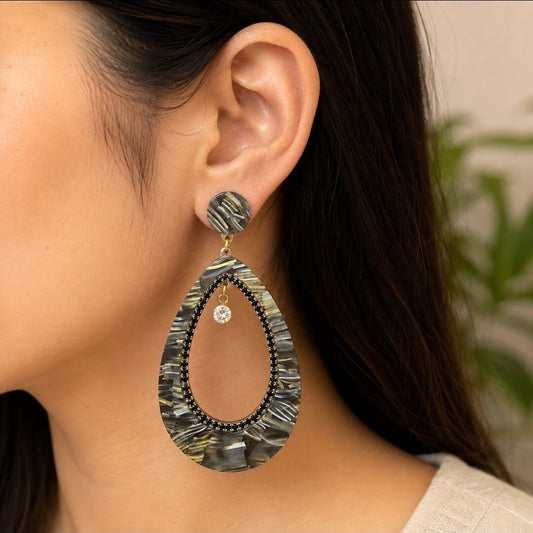 Lightweight Marbled Teardrop Earrings with Black Beaded Border