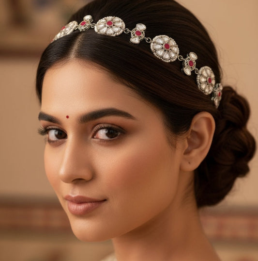 Traditional Kundan Matha Patti for Women | Bridal Forehead Headpiece with Red Stones | Wedding & Festive Hair Jewelry