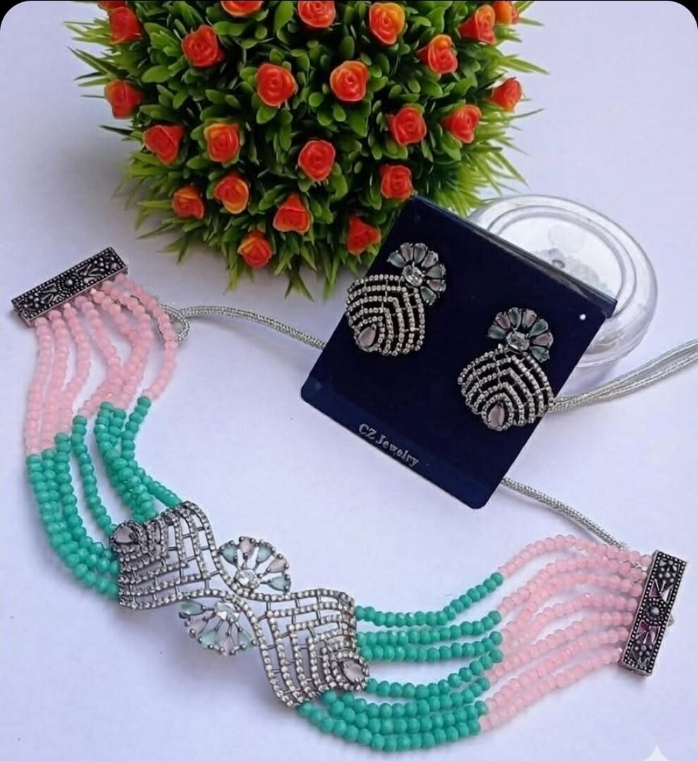 Rama Green and Pink Choker with AD