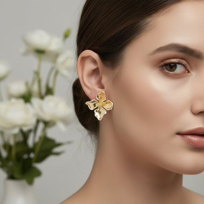 Gold Floral Statement Earrings with White Enamel | Elegant Designer Earrings for Women | Party & Festive Wear