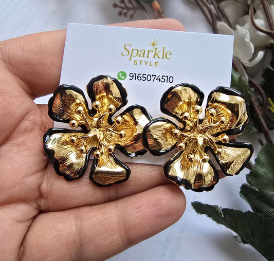 Golden Floral Statement Earrings with Black Enamel | Designer Party Wear Earrings for Women