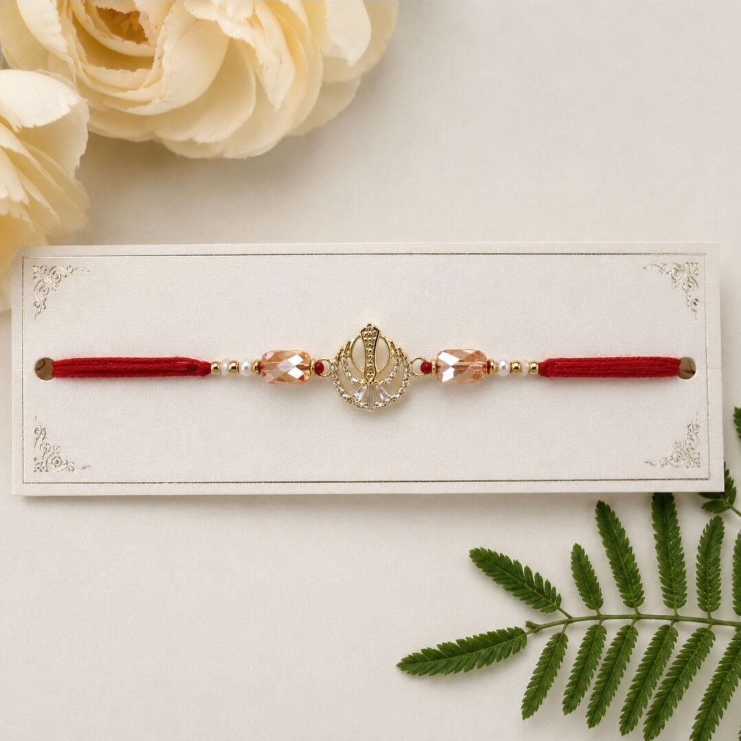 Khanda Sikh Rakhi with Crystal Beads – Premium Designer Rakhi for Brother with Roli Kumkum