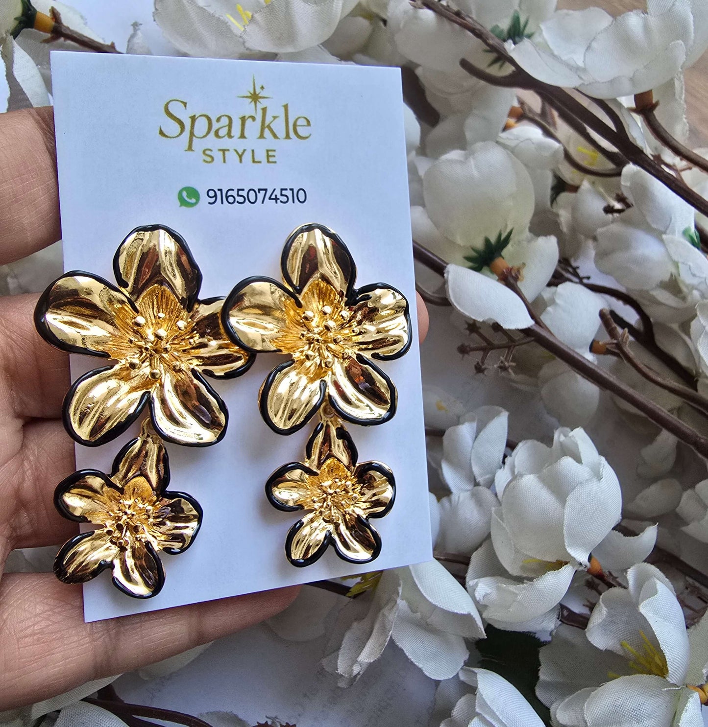 Gold Floral Drop Statement Earrings with Black Enamel Outline | Designer Long Earrings for Women | Party & Festive Wear