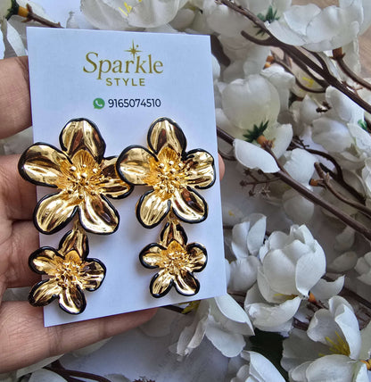 Gold Floral Drop Statement Earrings with Black Enamel Outline | Designer Long Earrings for Women | Party & Festive Wear