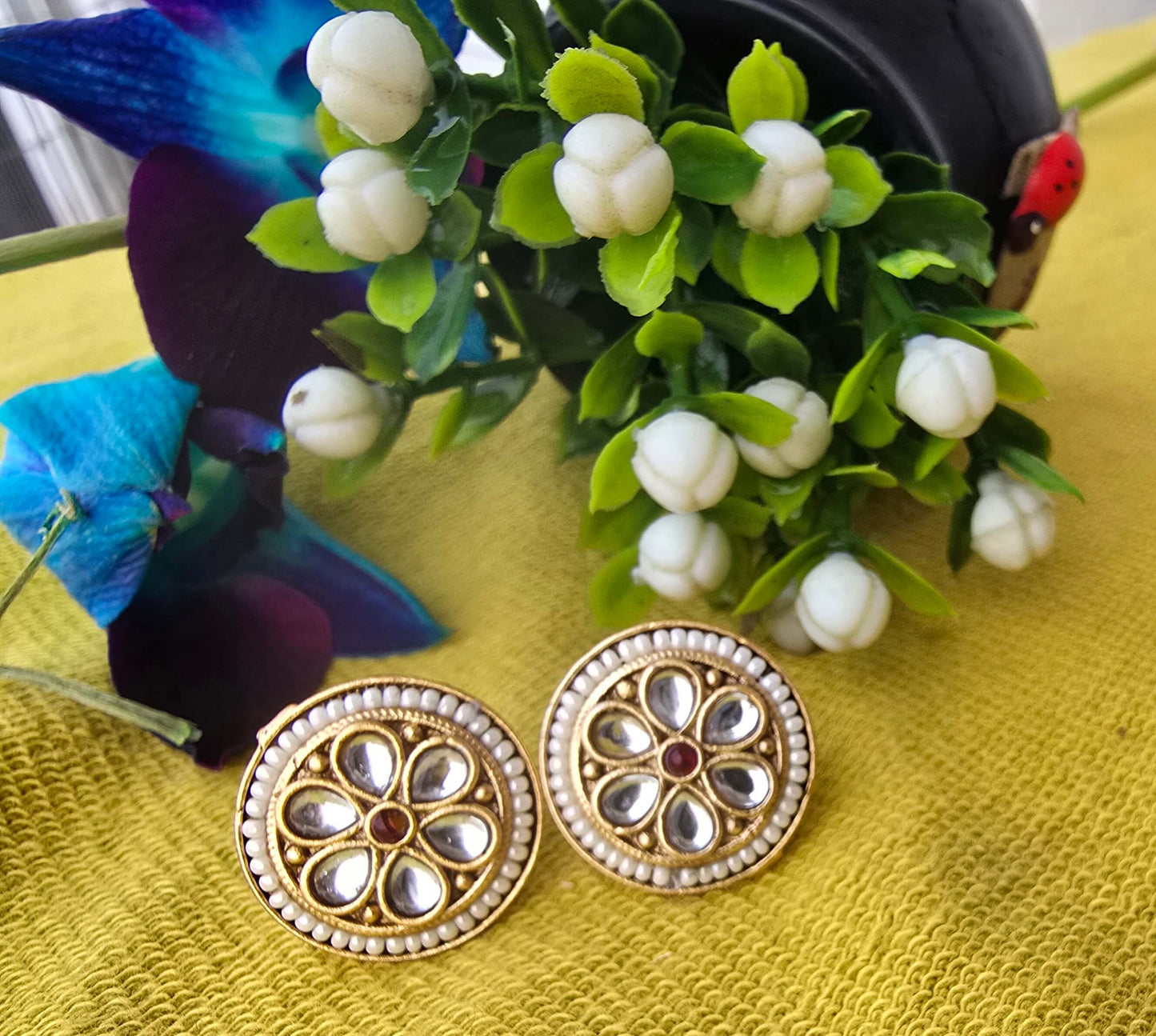 Gold-plated Kundan and Pearl Stud Earrings.