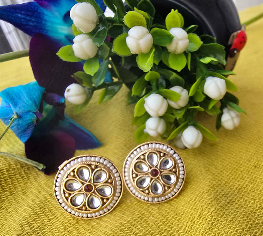 Gold-plated Kundan and Pearl Stud Earrings.