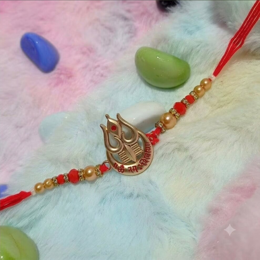 Om Namah Shivaya Trishul Rakhi with Pearl & Crystal Beads | Spiritual Raksha Bandhan Rakhi