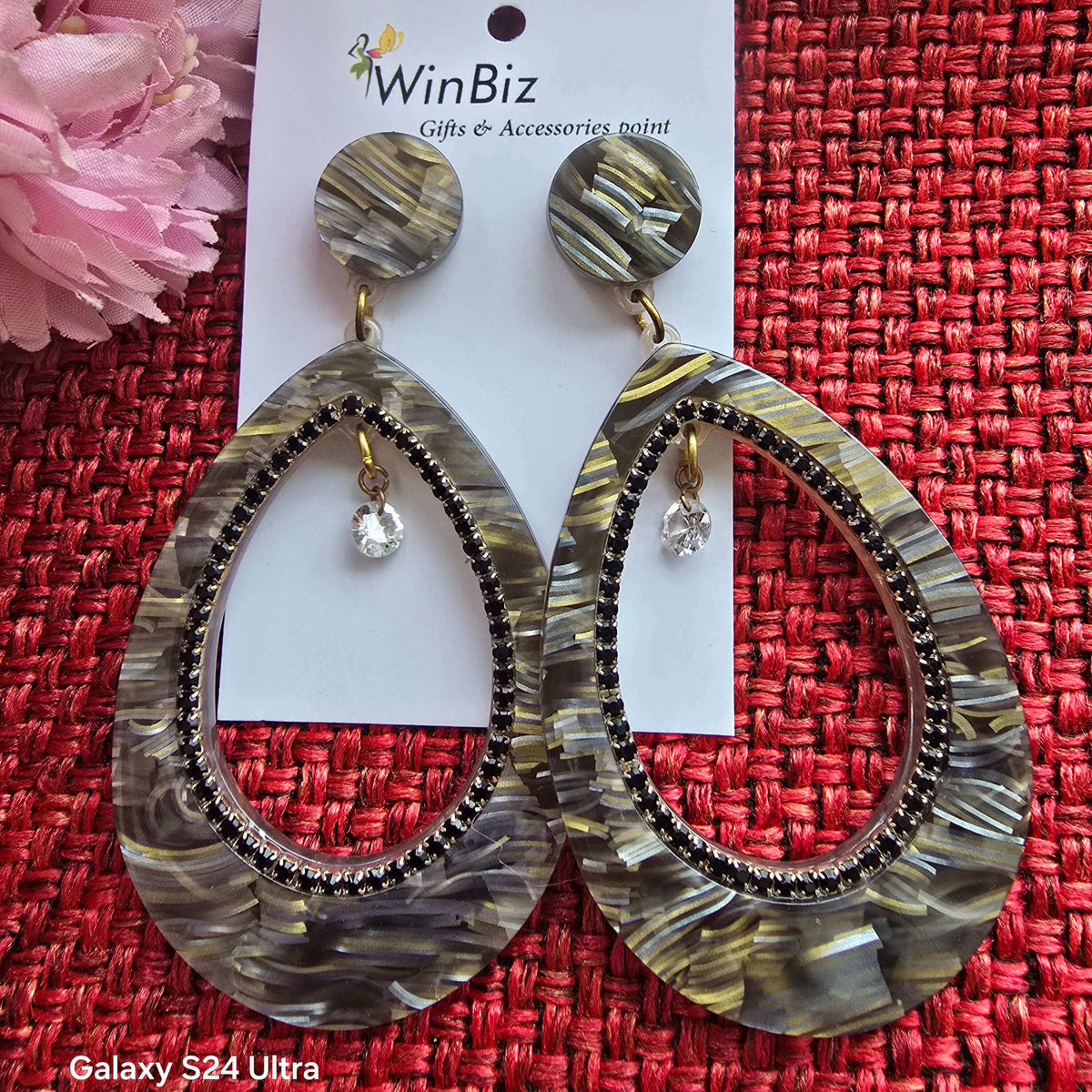 Lightweight Marbled Teardrop Earrings with Black Beaded Border