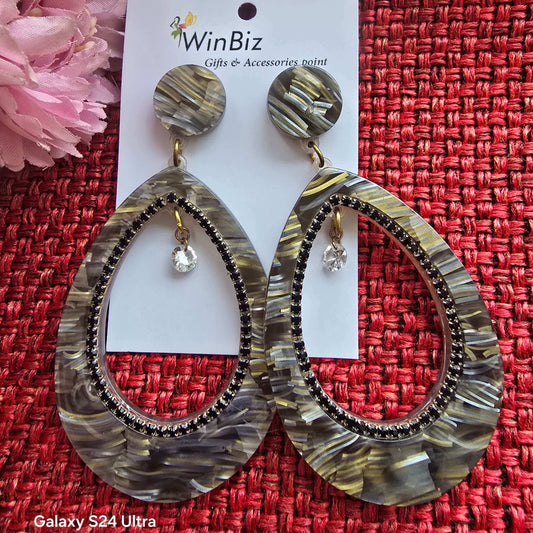 Lightweight Marbled Teardrop Earrings with Black Beaded Border