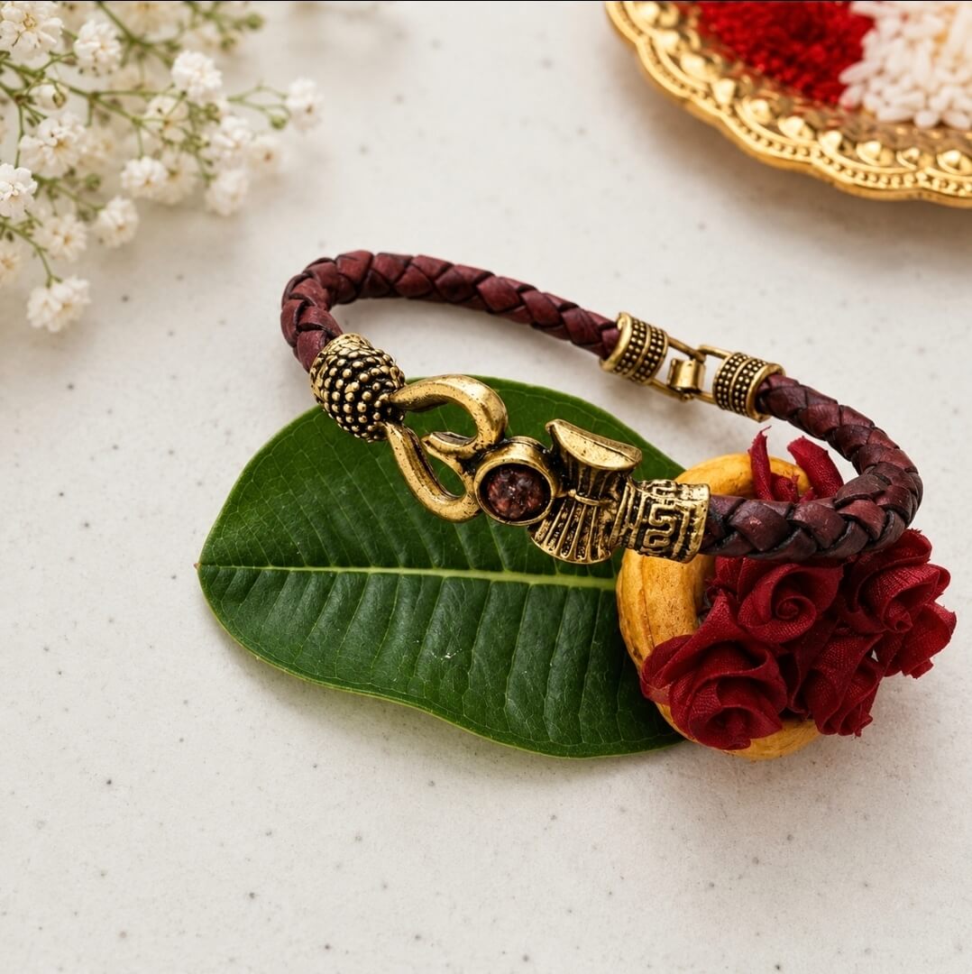 Om Bracelet Rakhi for Brother – Premium Leather Rakhi with Antique Gold Om Charm