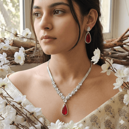 Elegant Teardrop Stone Necklace Set with Earrings | Multi-Color Party & Bridal Jewelry