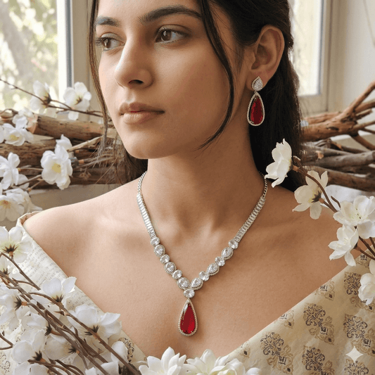 Elegant Teardrop Stone Necklace Set with Earrings | Multi-Color Party & Bridal Jewelry