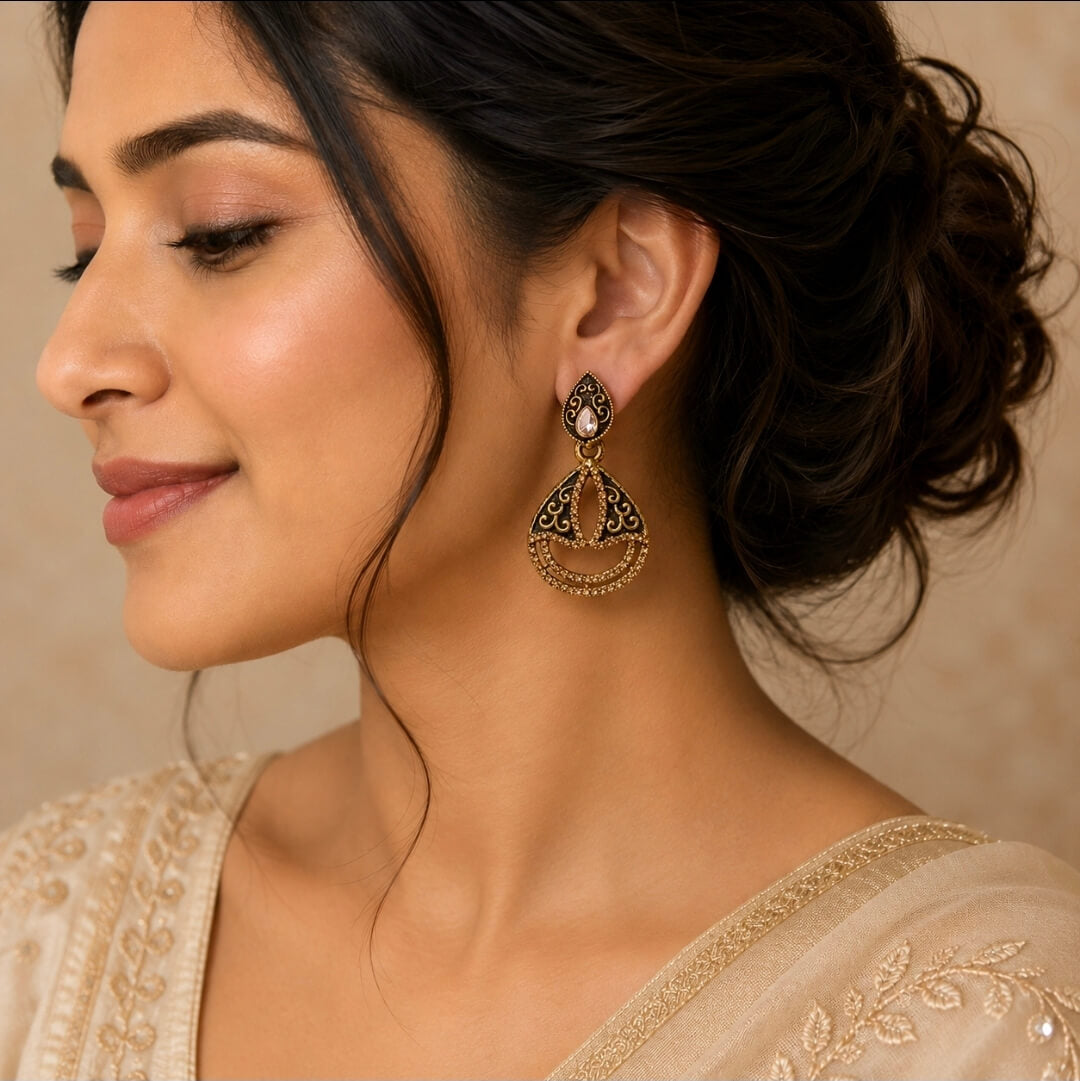Antique Gold & Black Crystal Drop Earrings | Statement Earrings