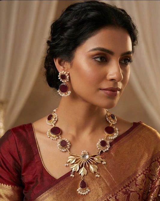 Gold-plated Handmade Set with Maroon Stones and Pearl Work