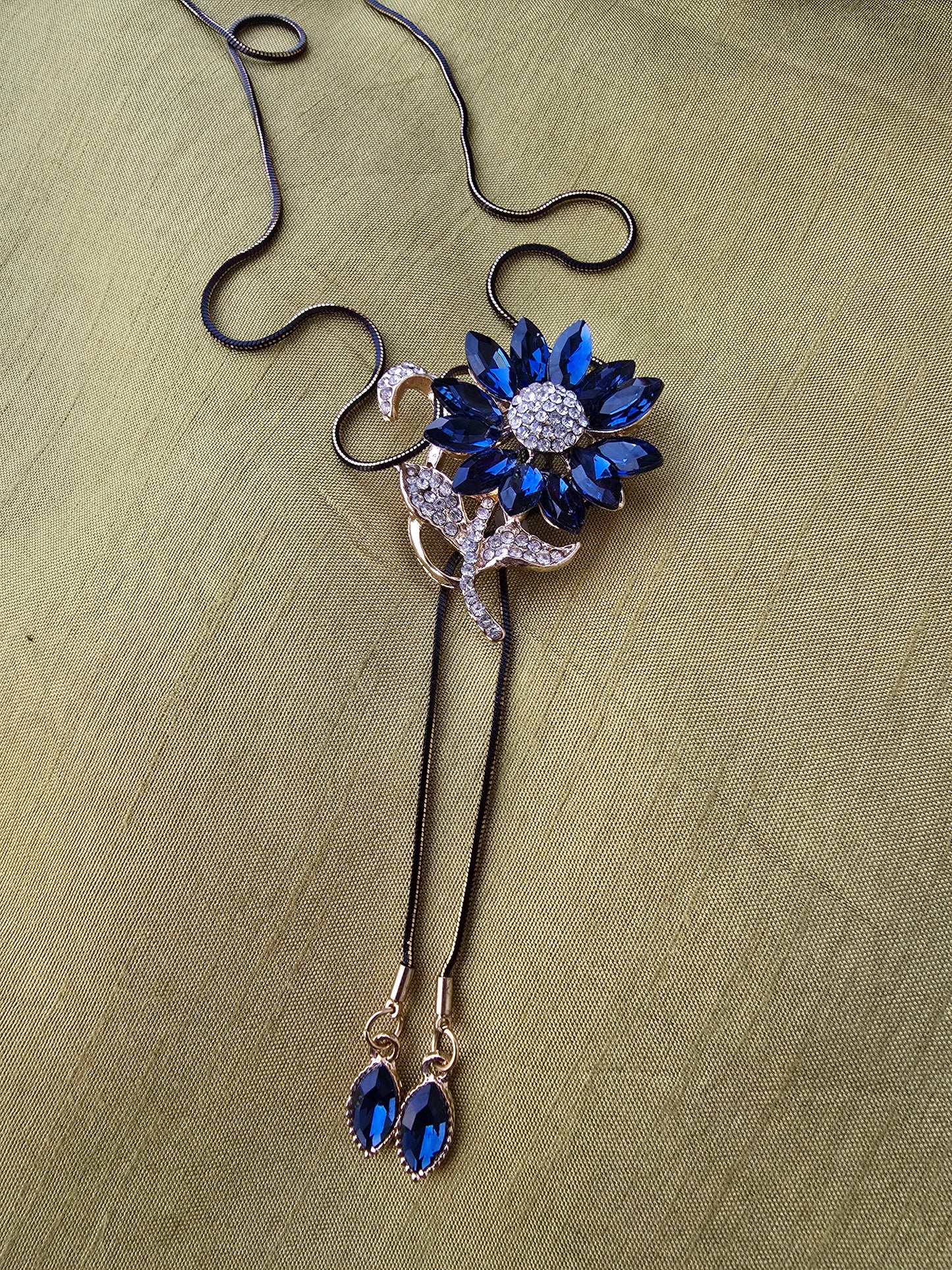Blue Sunflower Pendant with long Black Chain