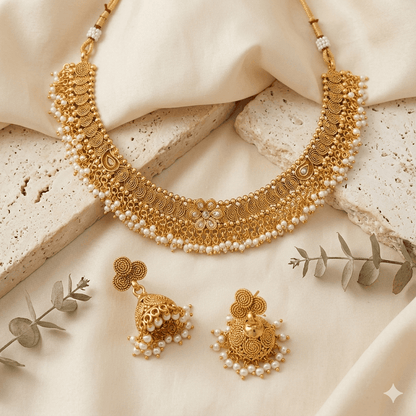 Antique Gold Polish Filigree Choker Necklace Set with Pearl Drops & Jhumka Earrings