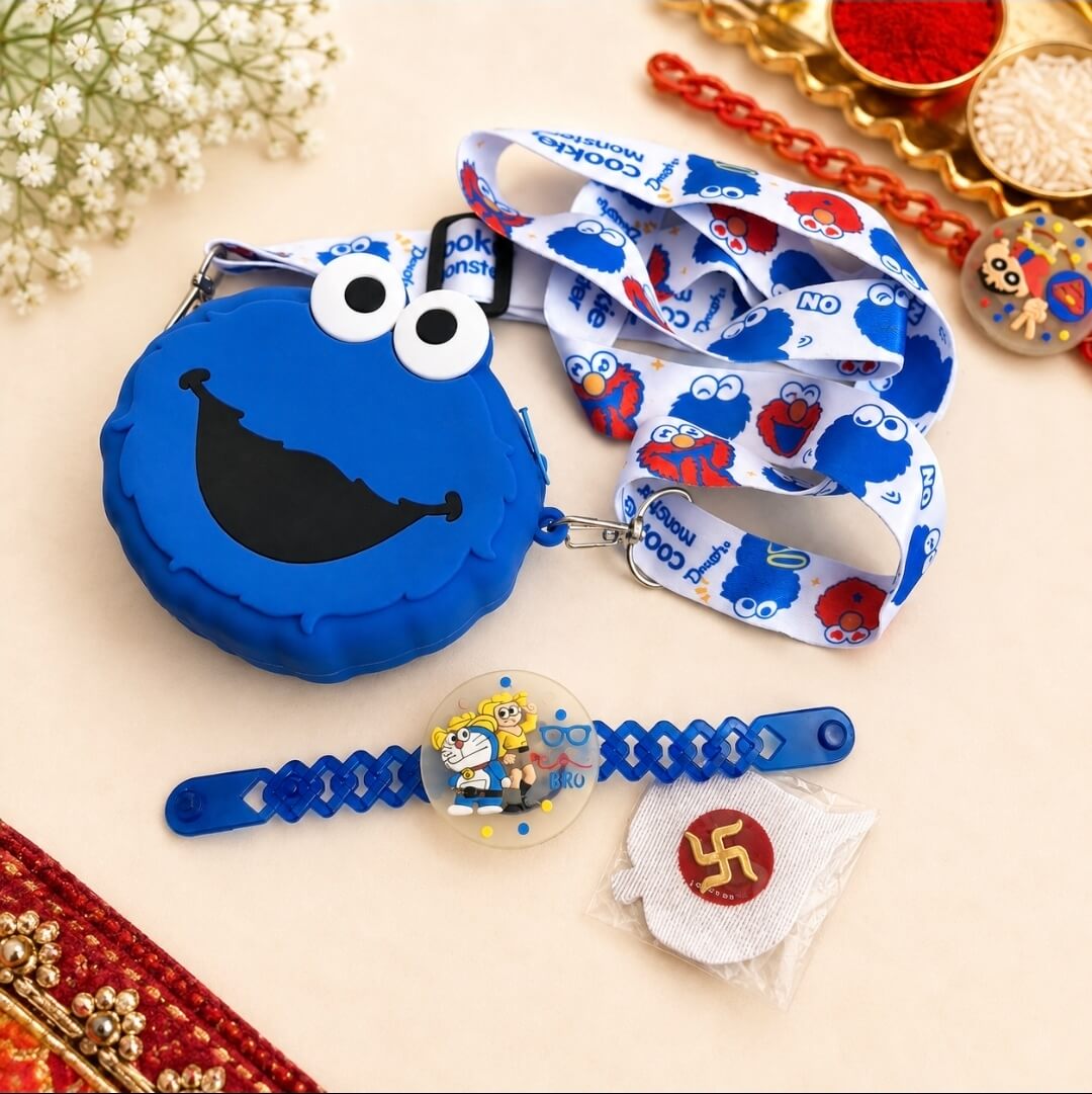 Cookie Monster Silicone Sling Bag with Cartoon Light Rakhi Combo for Kids | Cute Gift Set with Roli Chawal