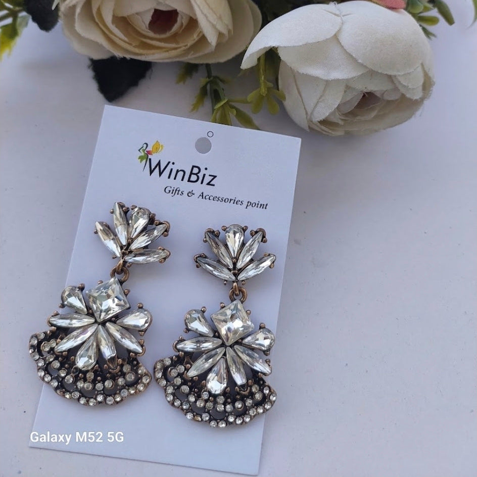 White Crystal Floral Drop Earrings | Antique Black Polish