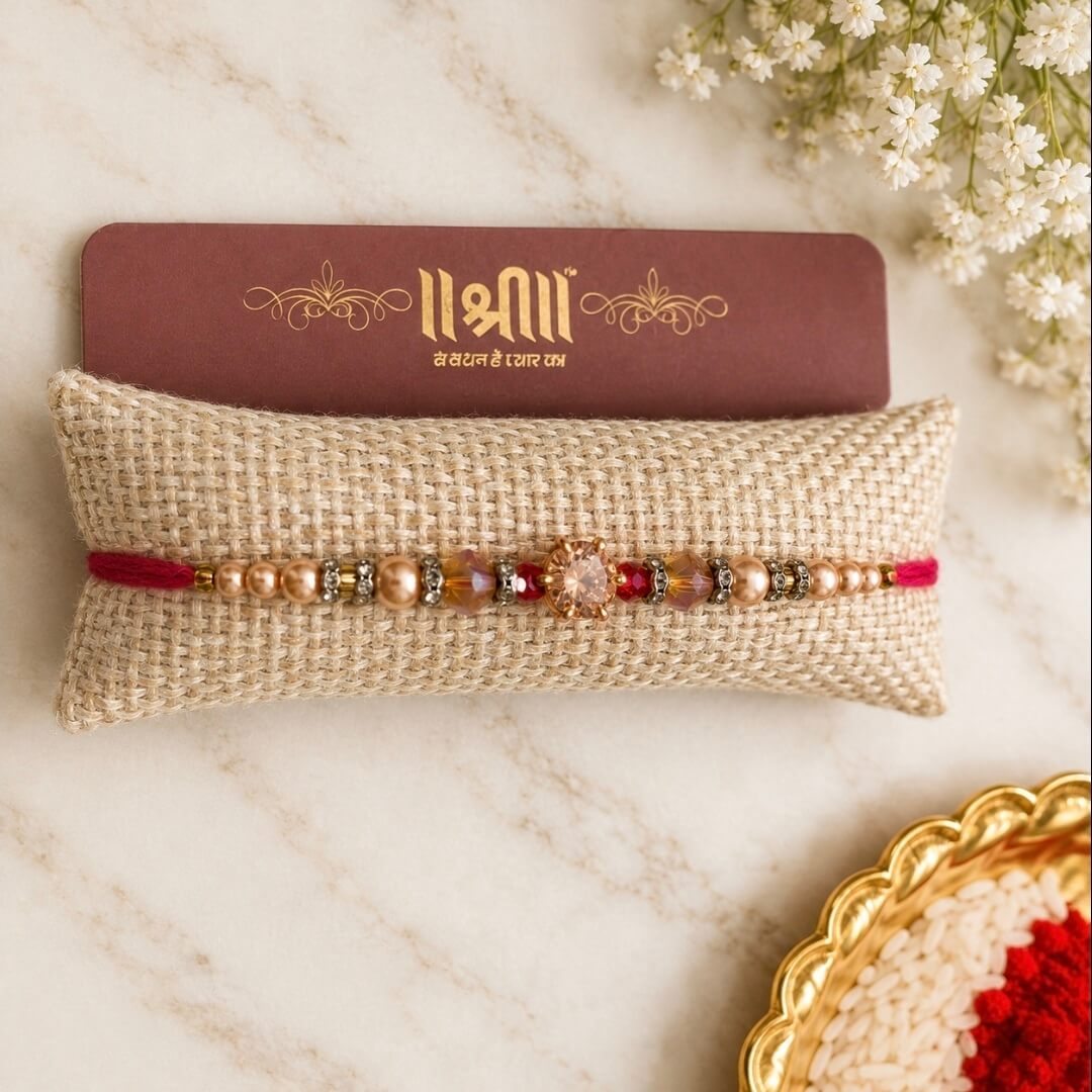 Designer Pearl Rakhi with Roli Chawal – Elegant Stone Rakhi Gift Set for Brother