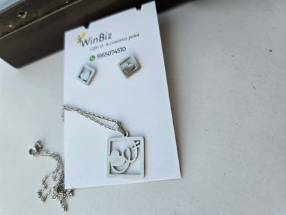 Stainless Steel Square Pendant Necklace & Heart Stud Earrings Set for Girls – Daily Wear Jewellery