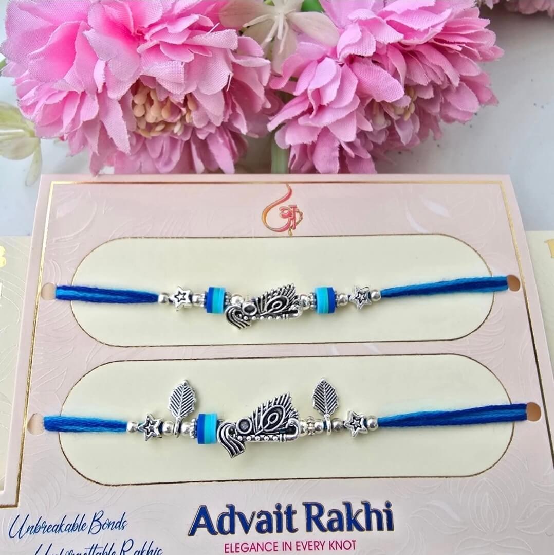 Bhai Bhabhi Mor Pankh Rakhi Combo Set | Designer Rakhi & Lumba with Blue Beads and Roli Chawal