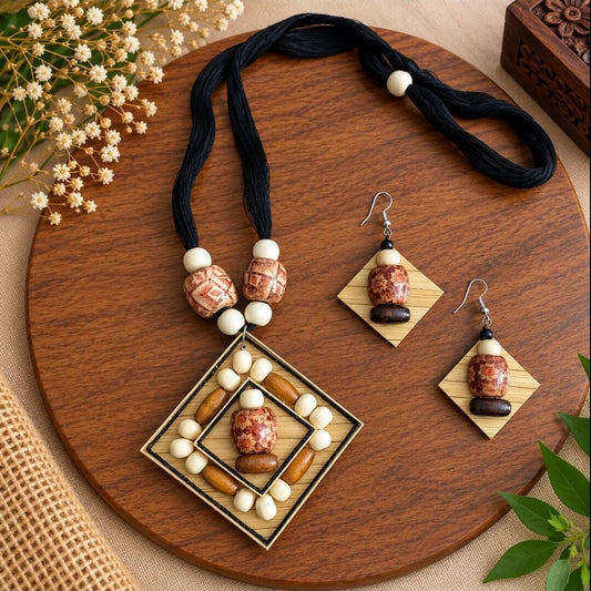 Handmade Black Thread & Wooden Pendant Necklace Set with Earrings