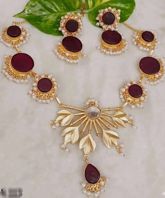 Gold-plated Handmade Set with Maroon Stones and Pearl Work