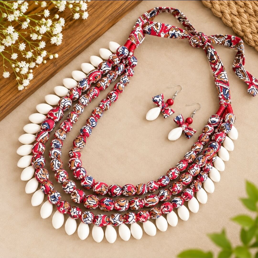 Handmade Fabric Bead Necklace Set with Shells & Earrings