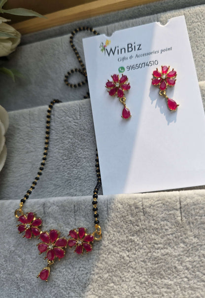 Mangalsutra Set with Ruby Flower Design