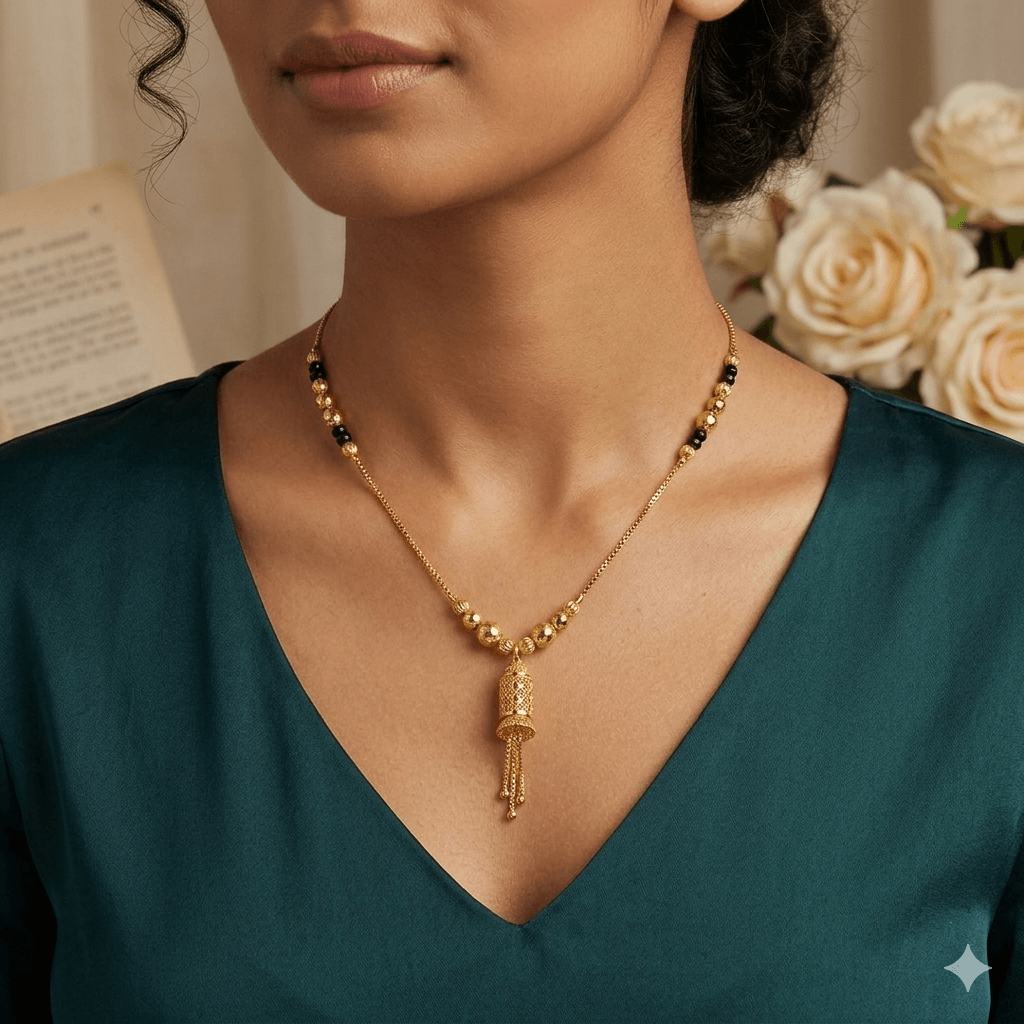 Antitarnish Gold Mangalsutra Necklace with Beaded Chain & Tassel Pendant | Daily Wear Minimal Mangalsutra for Women