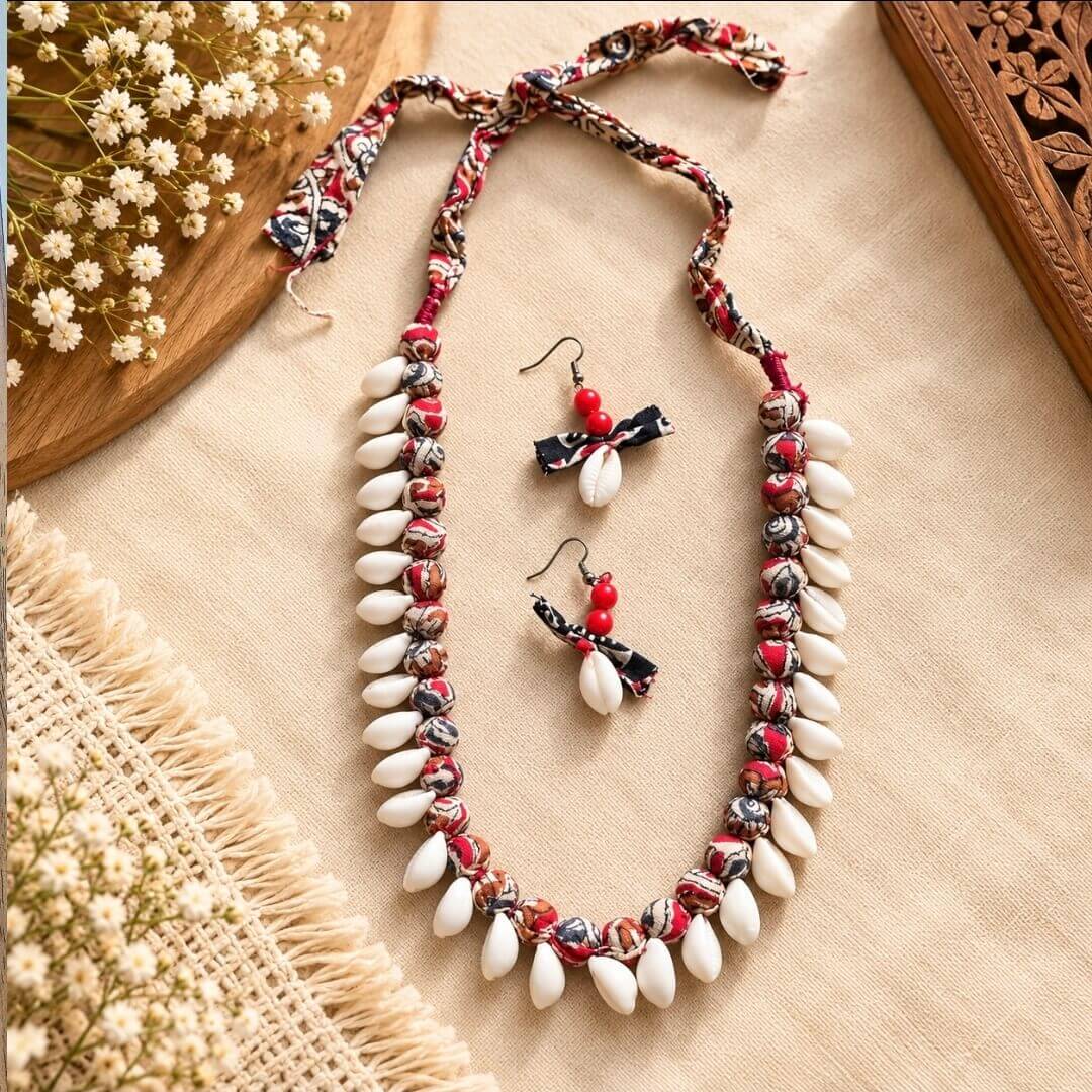 Handcrafted Shell Bead Necklace Set with Matching Earrings | Boho Jewelry
