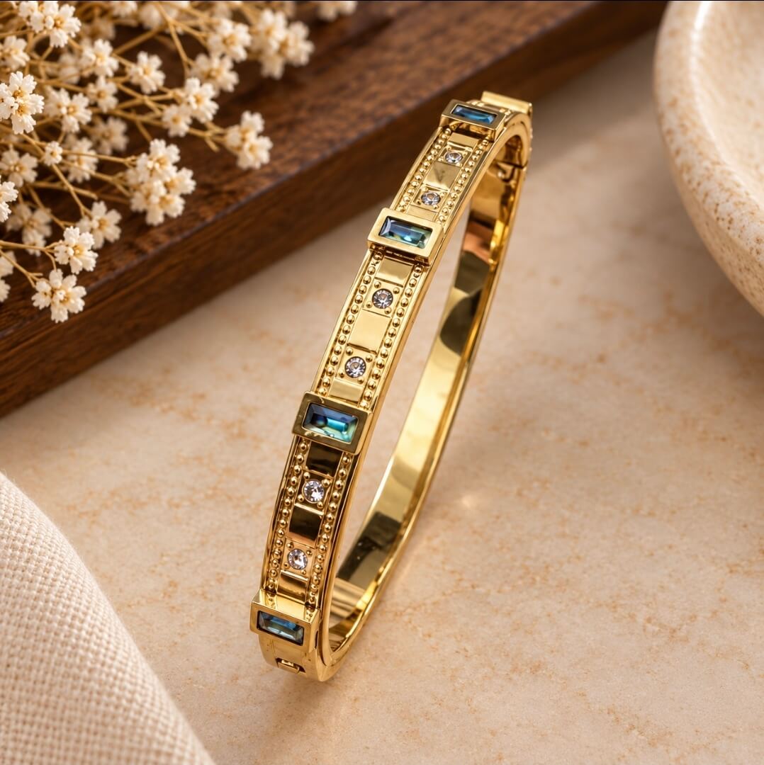 Gold-Toned Anti-Tarnish Bracelet with Green Stones for Women