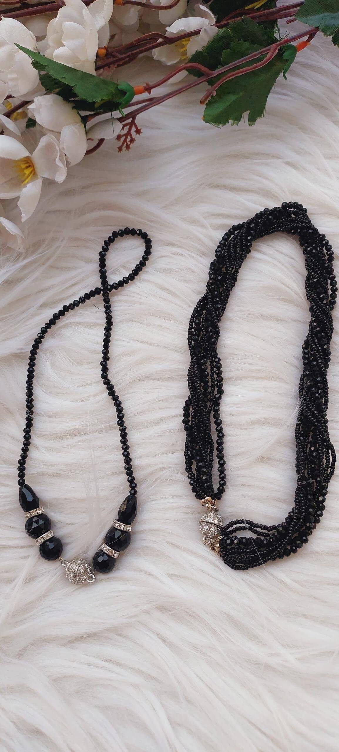 3 in 1 Black Crystal & Pearl Beads Neckpiece
