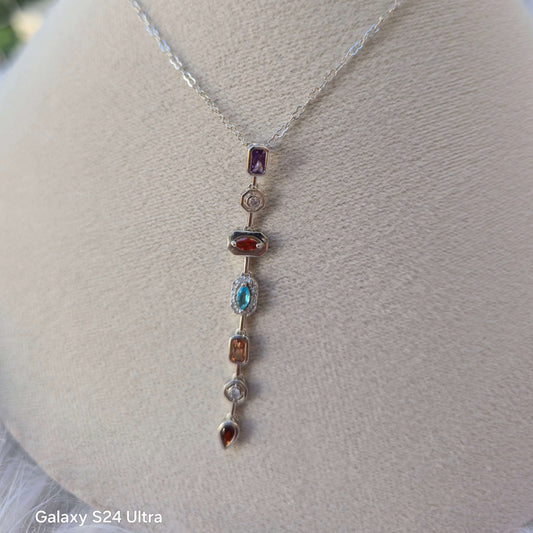 Elegant Multicolor Stone Drop Pendant Necklace | Silver Finish | Party & Everyday Wear