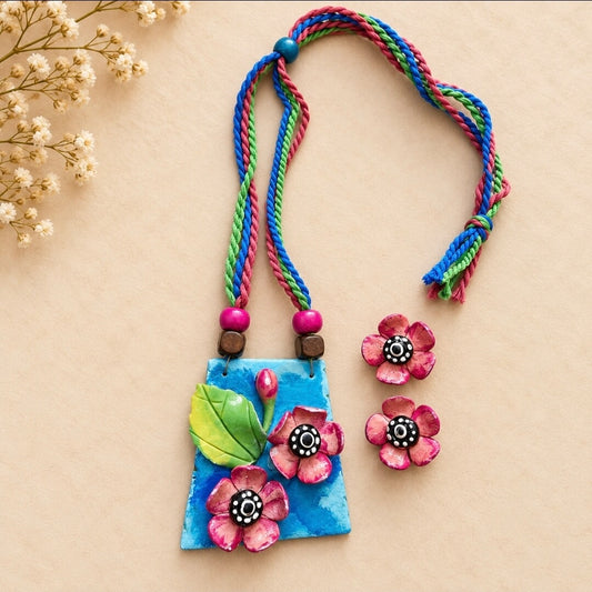 Handmade Blue Floral Clay Pendant Necklace Set with Earrings